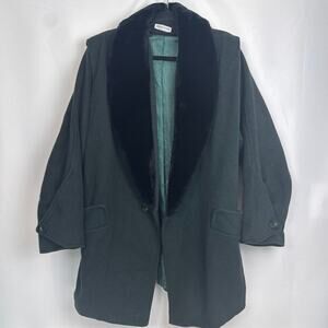 Braefair Womens Vintage Faux Fur Shawl Collar Coat Size L Hunter Green Mob Wife